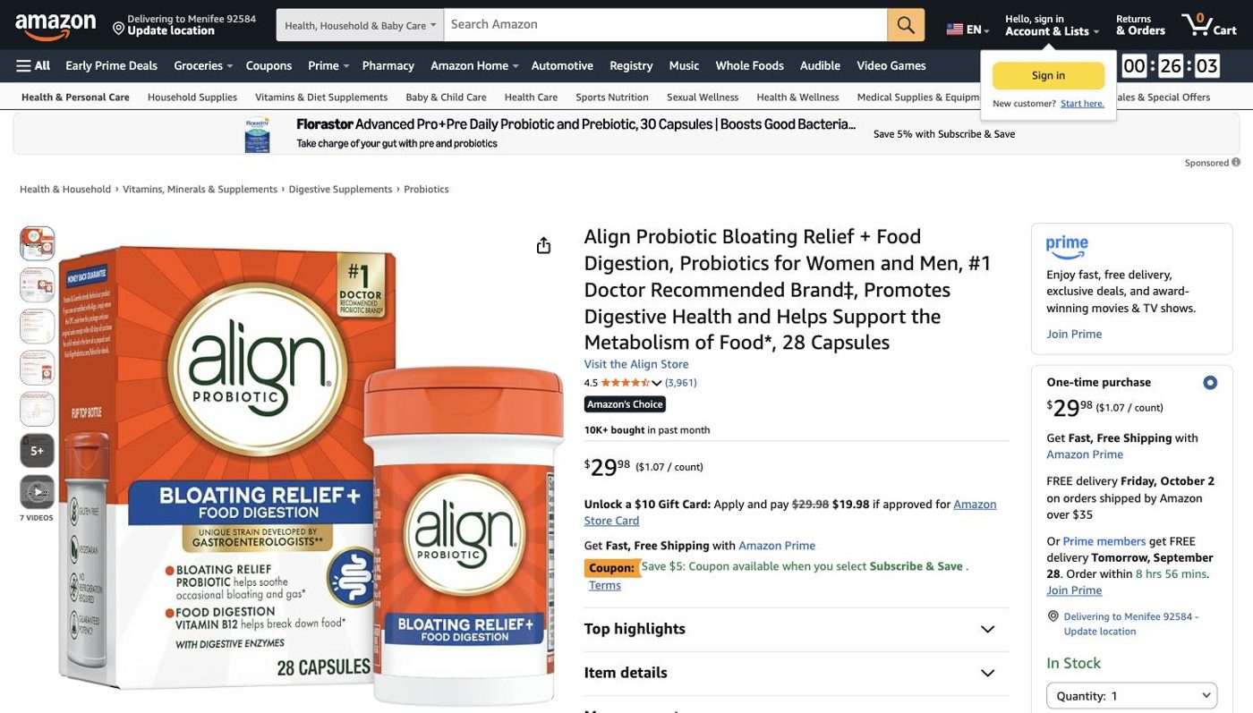 Product listing of Align Probiotic Bloating Relief + Food Digestion, captured 2026-09-27