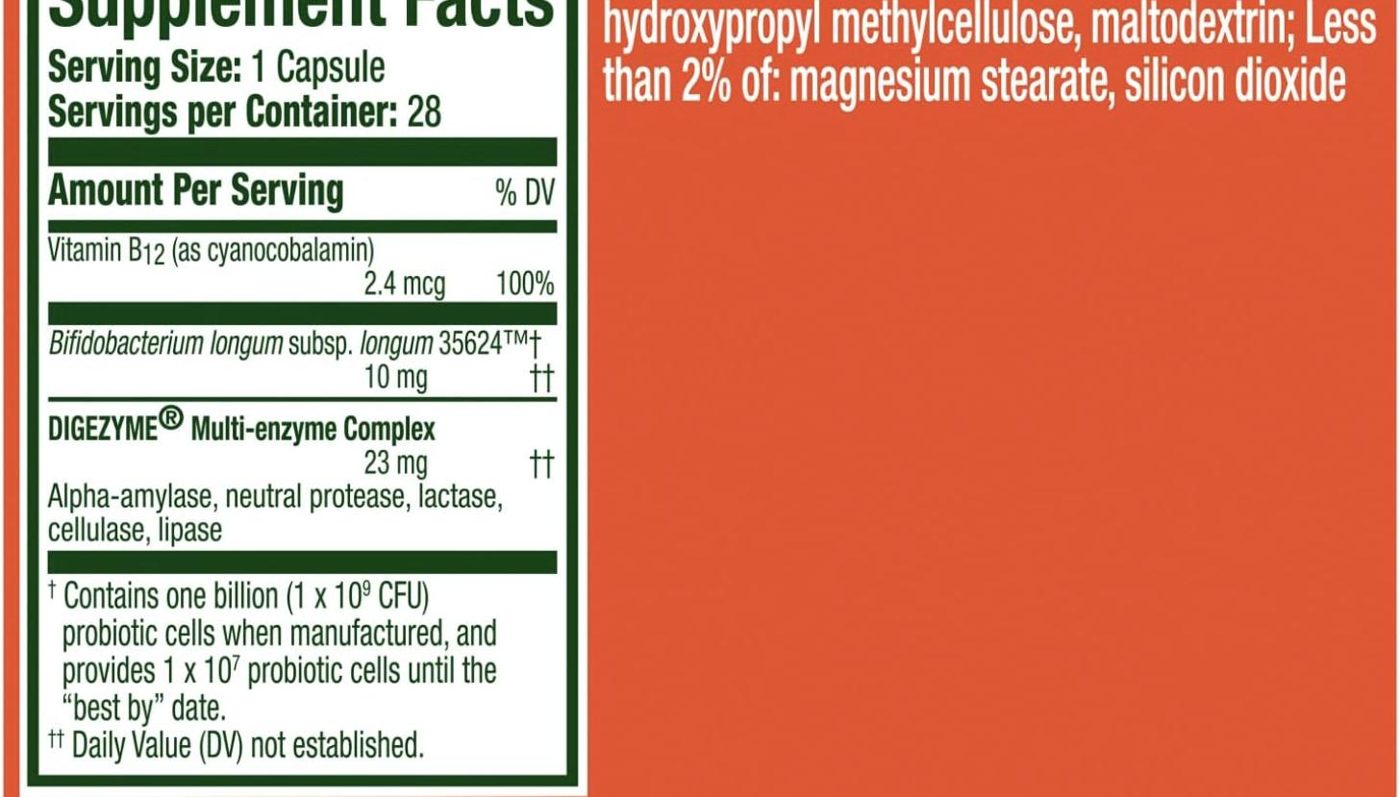 Supplement Facts panel of Align Probiotic Bloating Relief + Food Digestion, captured 2026-09-27