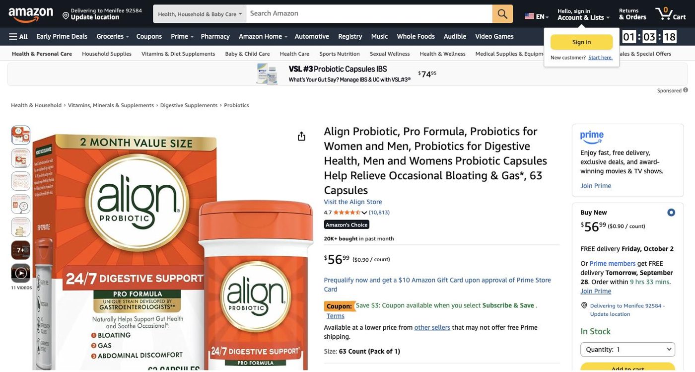 Product listing of Align Probiotic Pro Formula, captured 2026-09-27