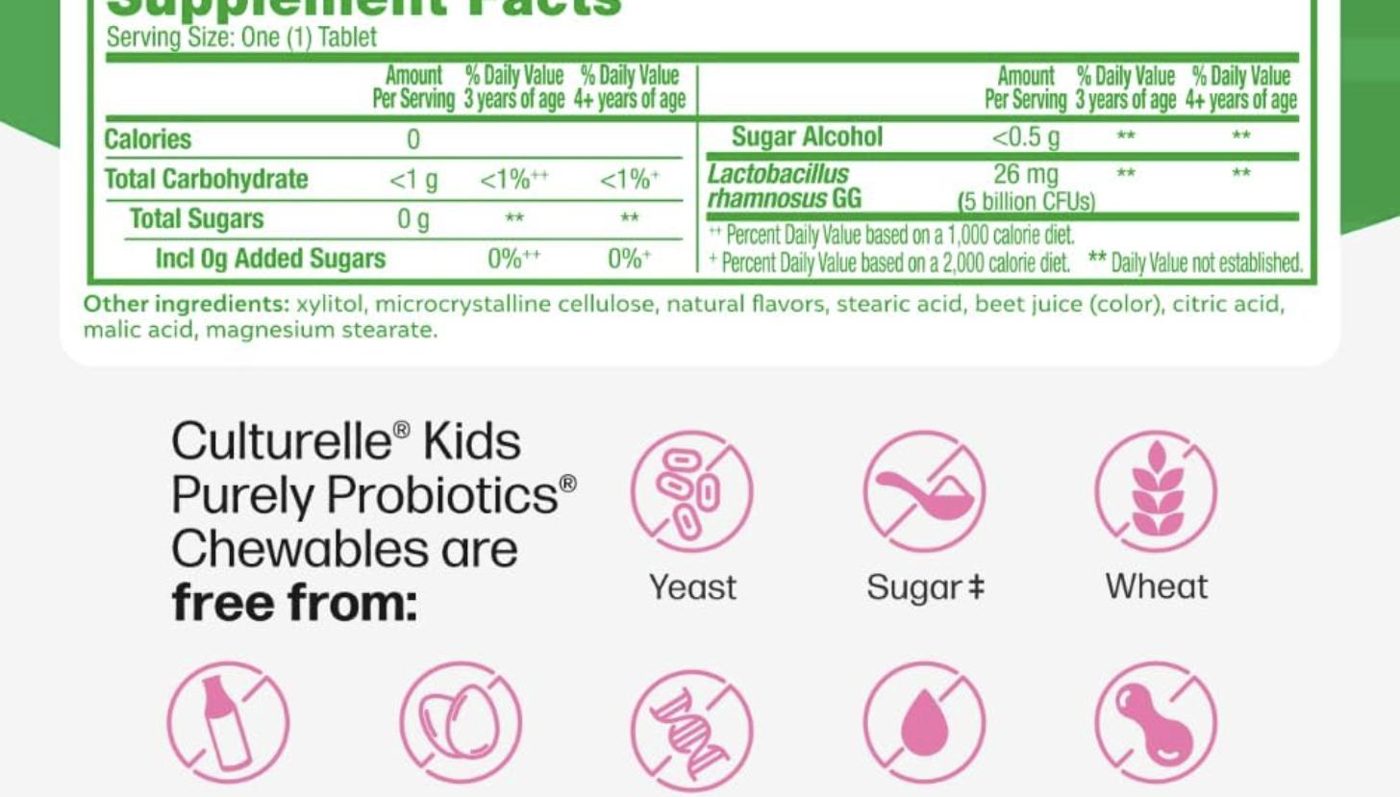 Supplement Facts panel of Culturelle Daily Chewable Probiotics for Kids, captured 2026-09-27