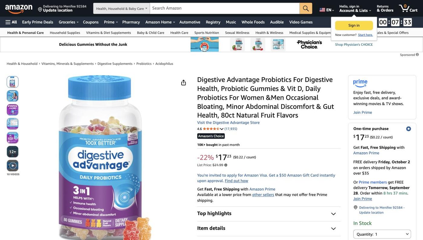Product listing of Digestive Advantage Probiotic Gummies, captured 2026-09-27