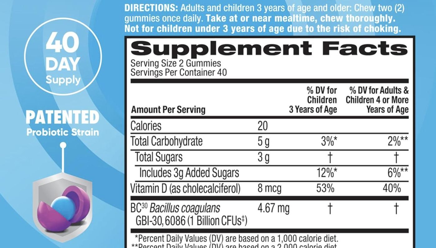 Supplement Facts panel of Digestive Advantage Probiotic Gummies, captured 2026-09-27