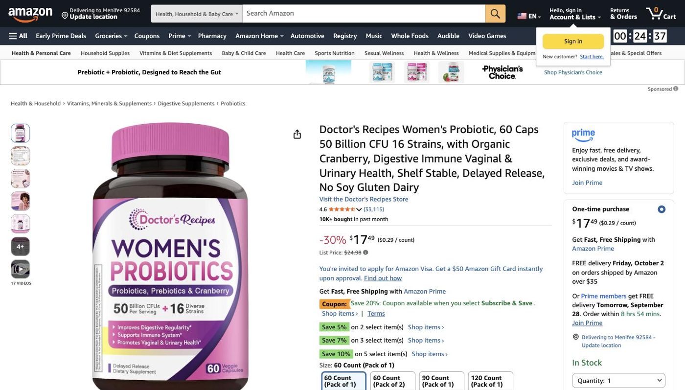 Product listing of Doctor's Recipes Women's Probiotic, captured 2026-09-27