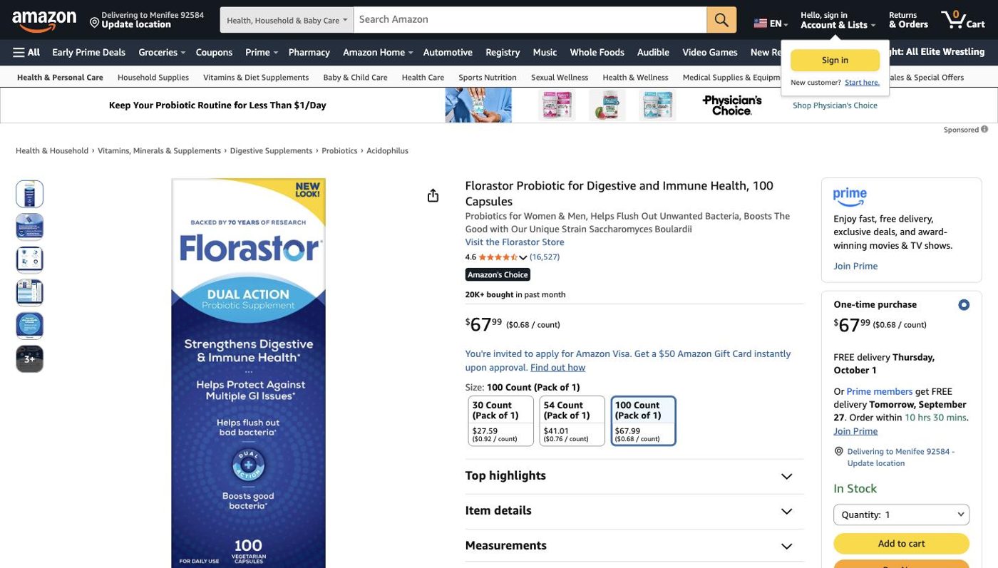 Product listing of Florastor Probiotic, captured 2026-09-26