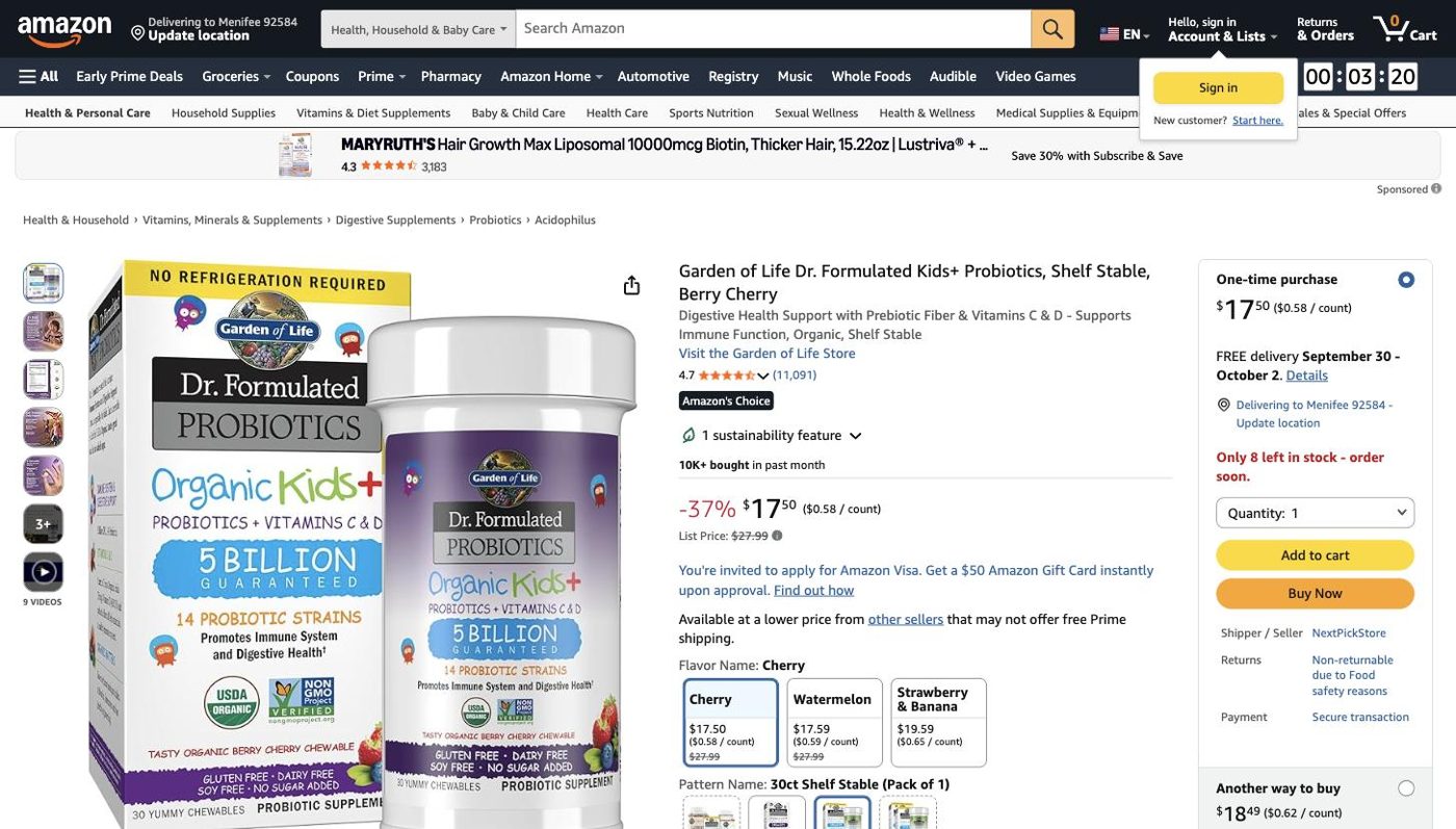 Product listing of Garden of Life Dr. Formulated Kids+ Probiotics, captured 2026-09-27