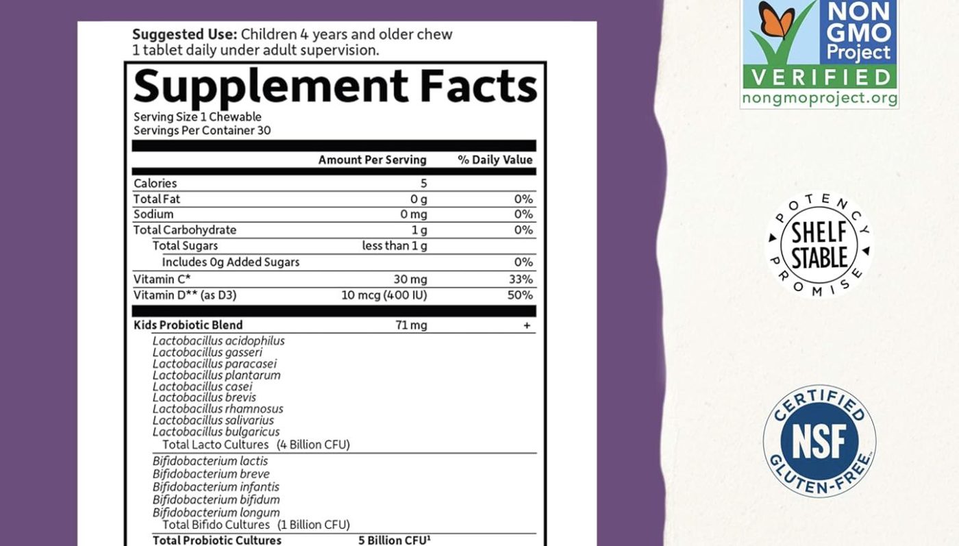 Supplement Facts panel of Garden of Life Dr. Formulated Kids+ Probiotics, captured 2026-09-27