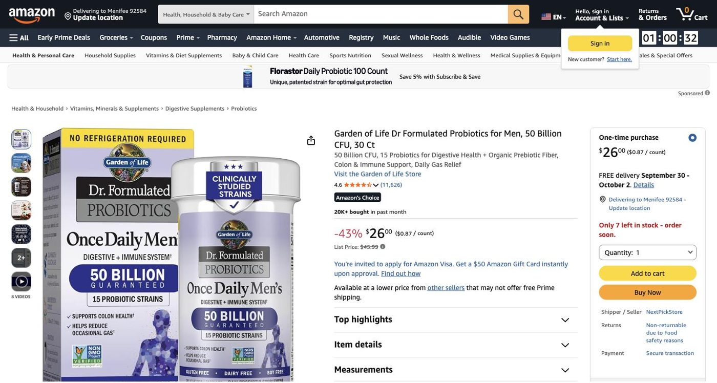 Product listing of Garden of Life Dr Formulated Probiotics for Men, captured 2026-09-27