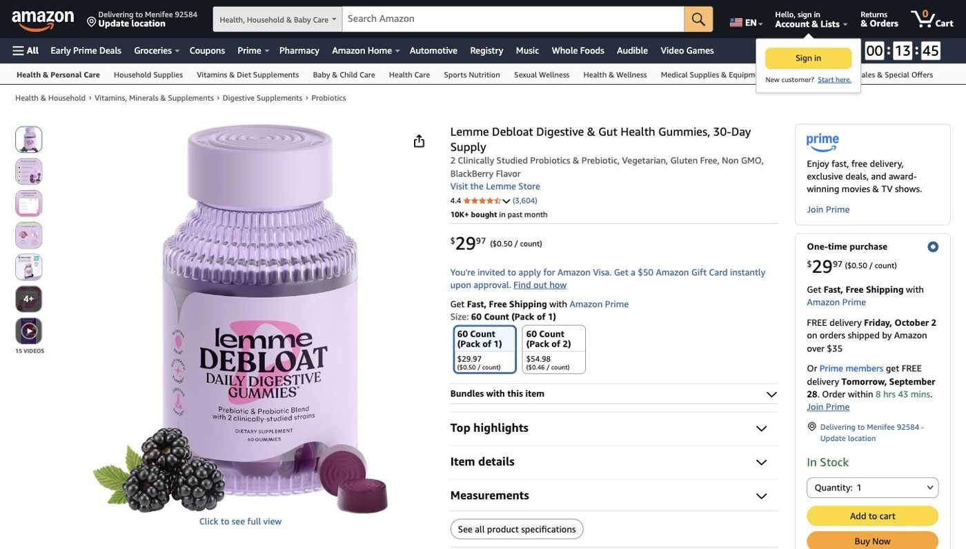 Product listing of Lemme Debloat Digestive & Gut Health Gummies, captured 2026-09-27