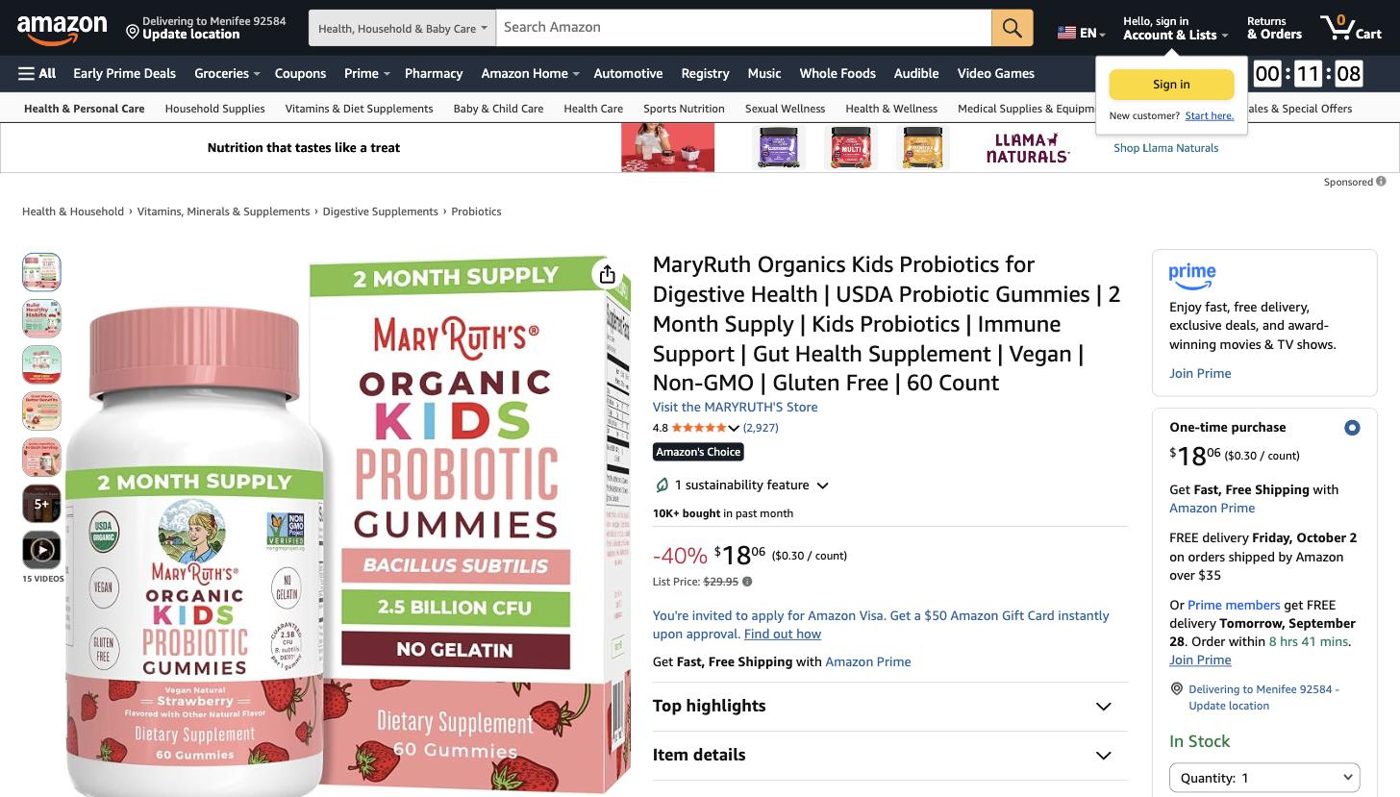 Product listing of MaryRuth Organics Kids Probiotics, captured 2026-09-27