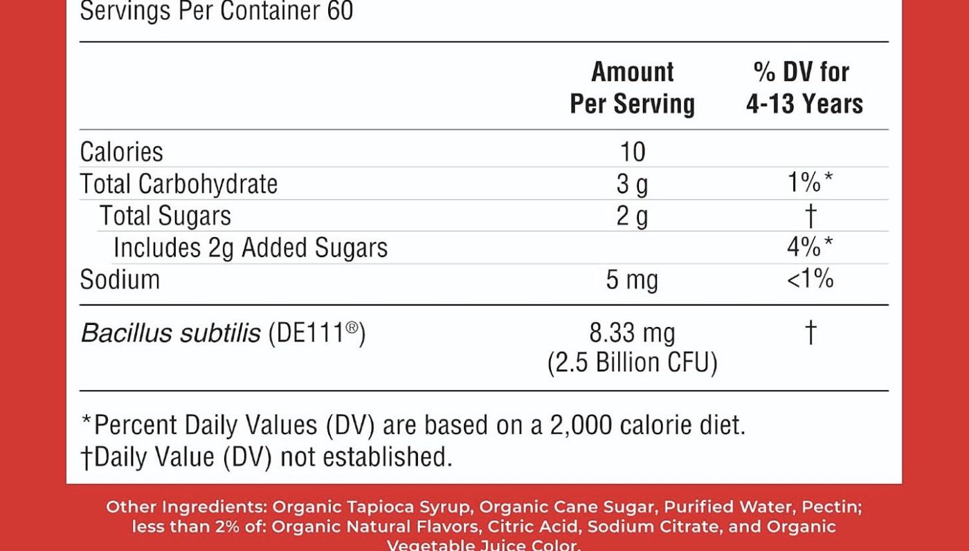 Supplement Facts panel of MaryRuth Organics Kids Probiotics, captured 2026-09-27