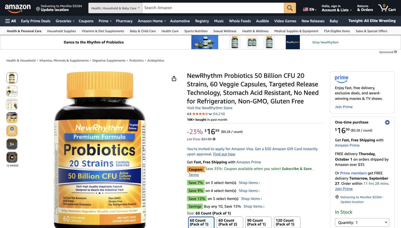 Product listing of NewRhythm Probiotics 50 Billion CFU, captured 2026-09-27