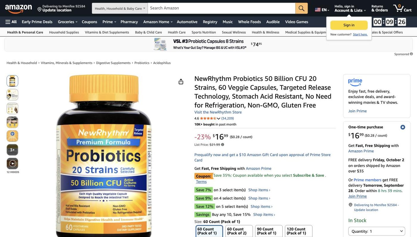 Product listing of NewRhythm Probiotics 50 Billion CFU, captured 2026-09-27