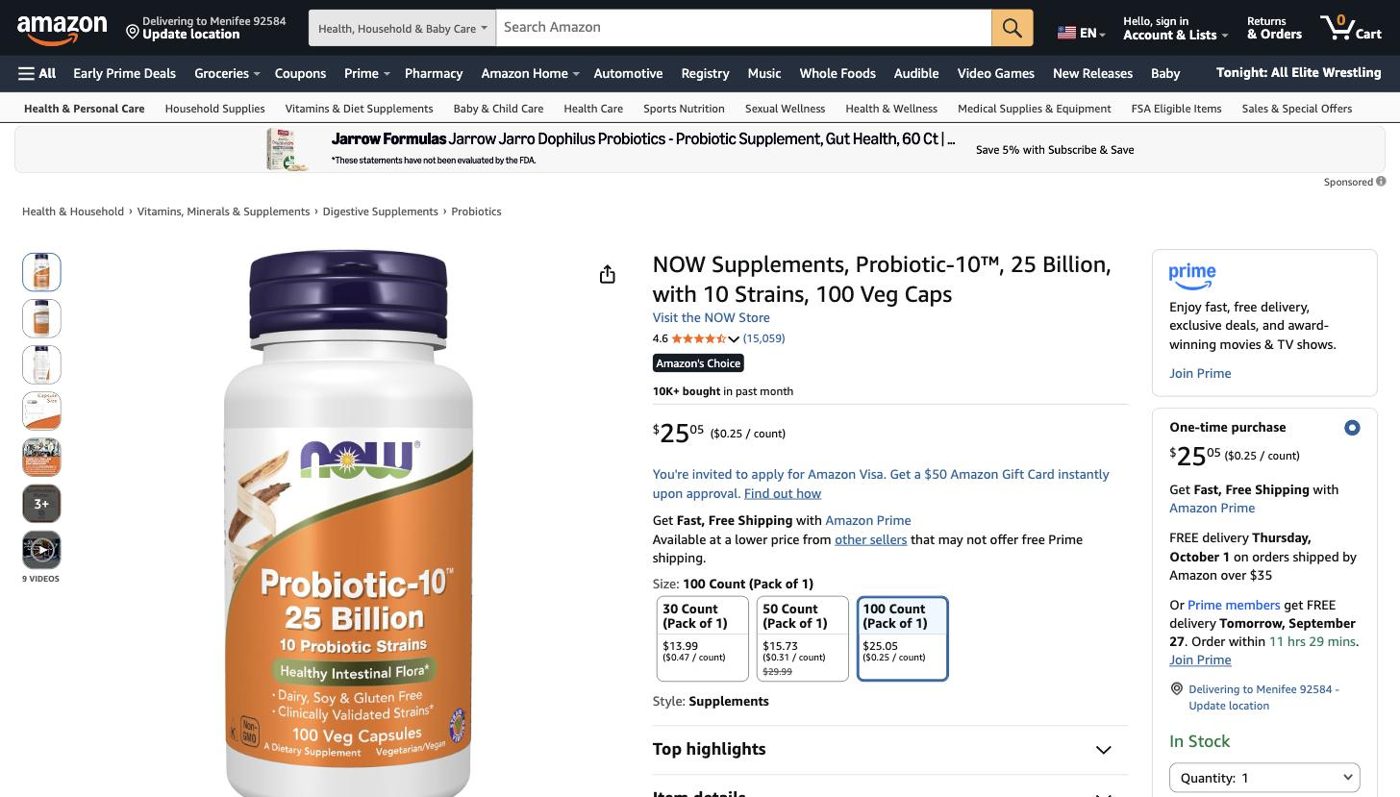 Product listing of NOW Supplements Probiotic-10, captured 2026-09-27