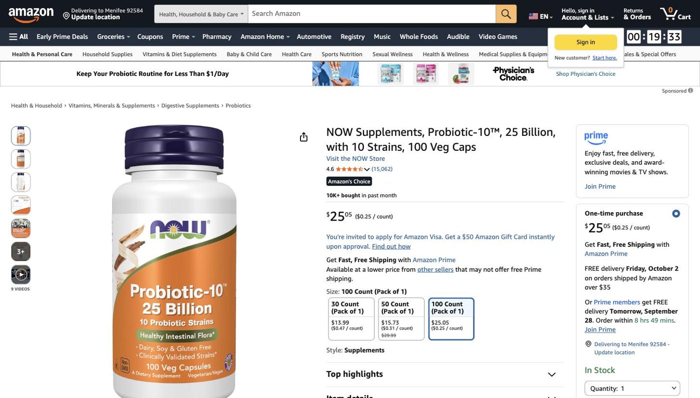 Product listing of NOW Supplements Probiotic-10, captured 2026-09-27