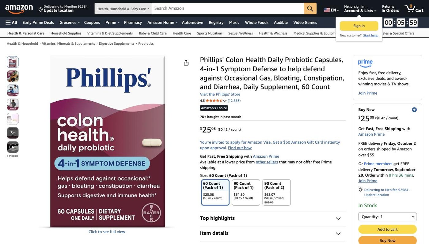 Product listing of Phillips' Colon Health Daily Probiotic, captured 2026-09-27