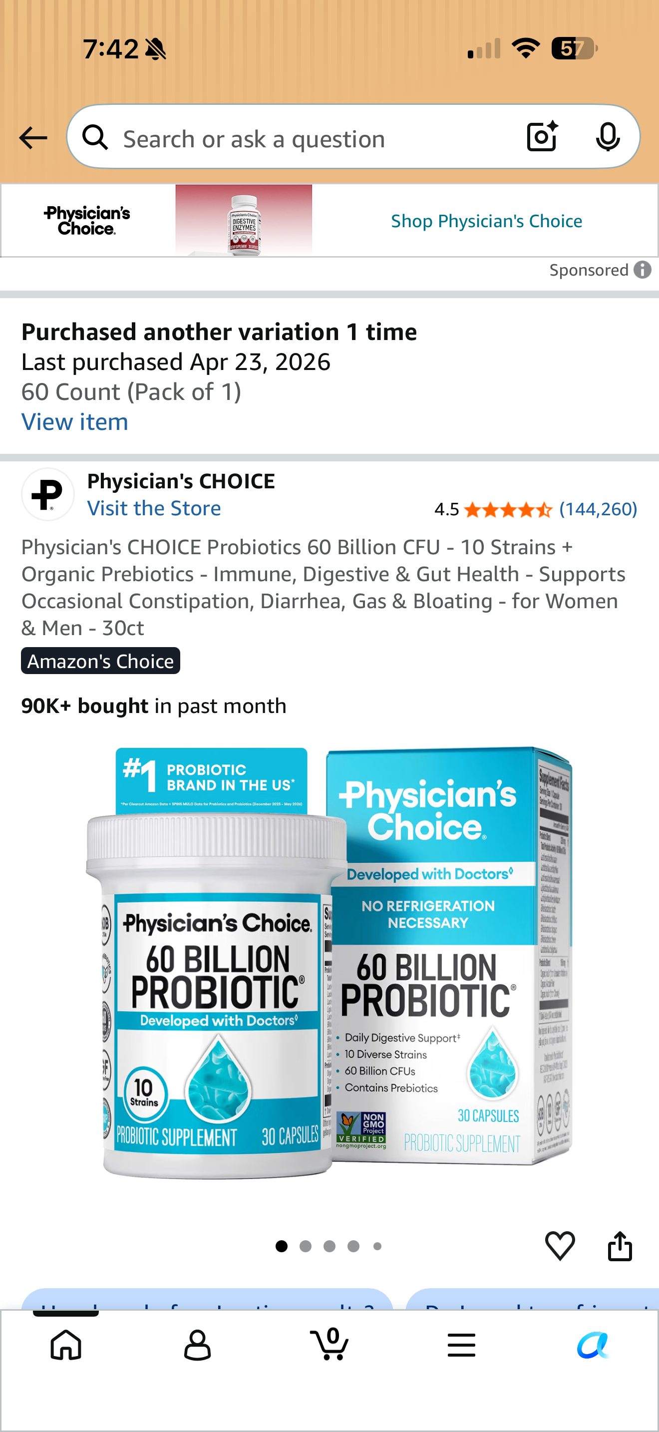 Product listing of Physician's CHOICE Probiotics 60 Billion CFU, captured 2026-09-07