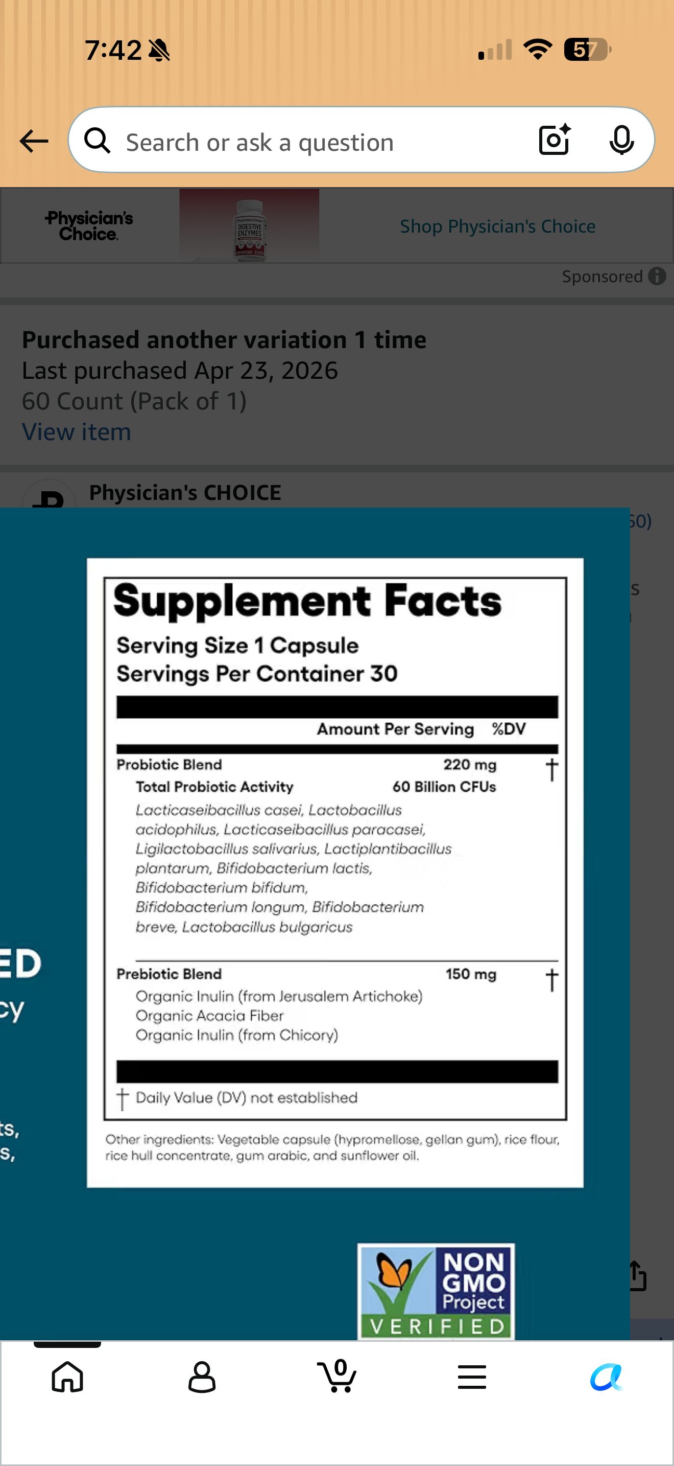 Supplement Facts panel of Physician's CHOICE Probiotics 60 Billion CFU, captured 2026-09-07