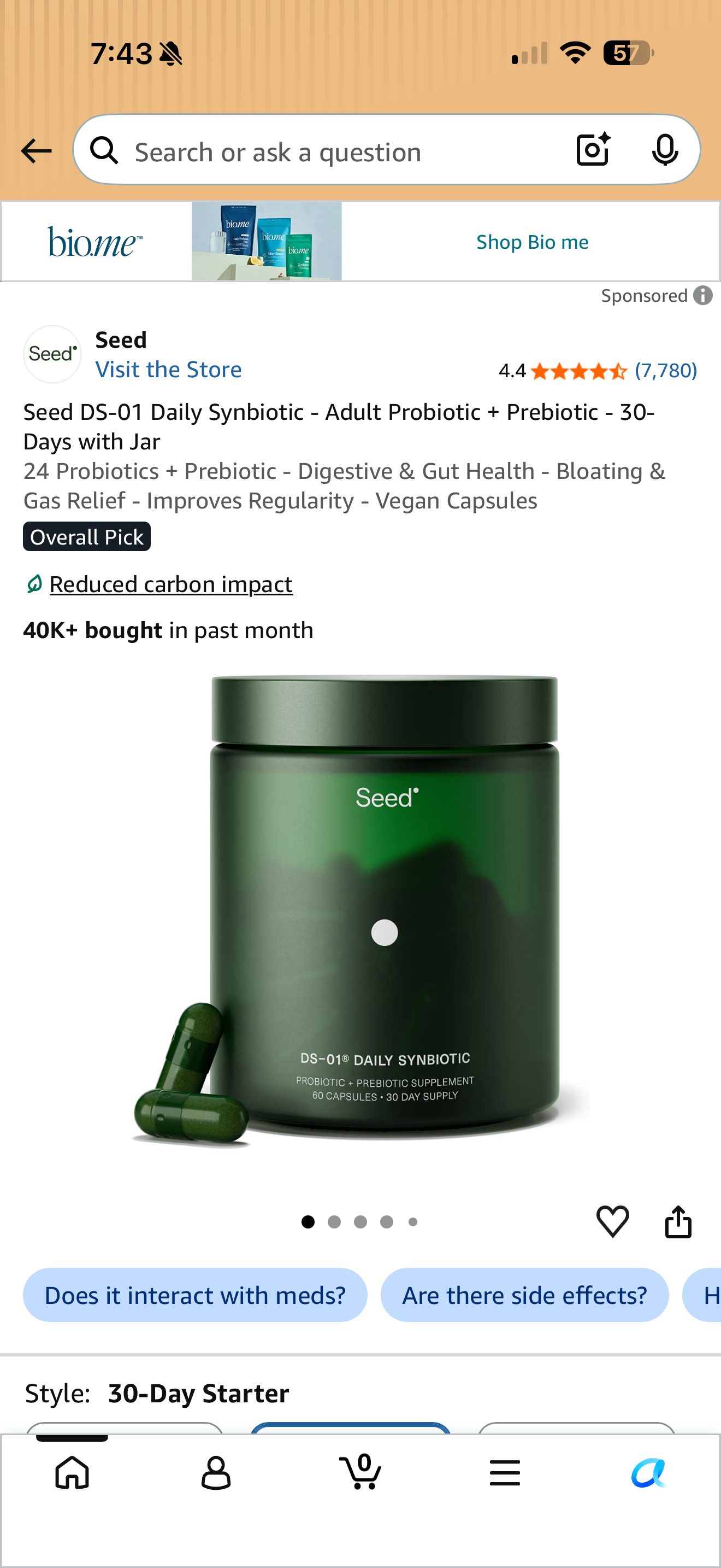 Product listing of Seed DS-01 Daily Synbiotic, captured 2026-09-07