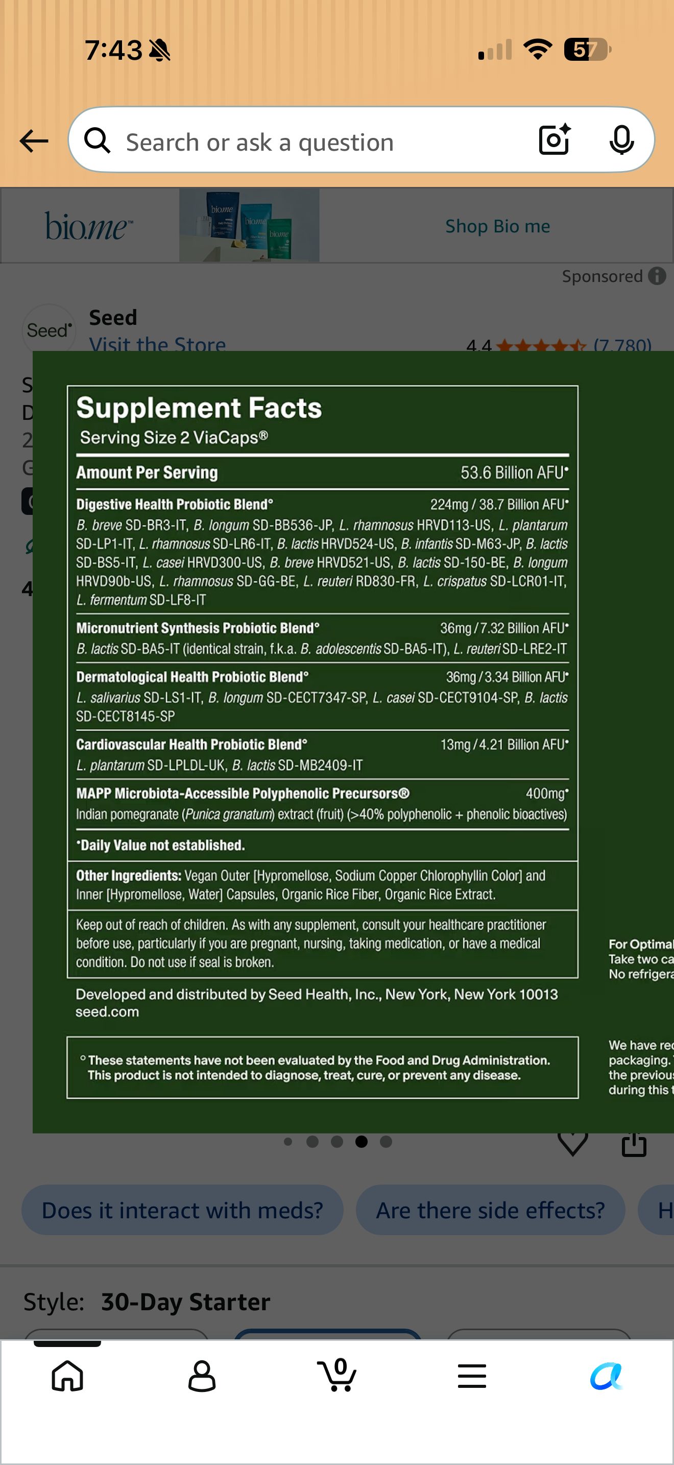 Supplement Facts panel of Seed DS-01 Daily Synbiotic, captured 2026-09-07